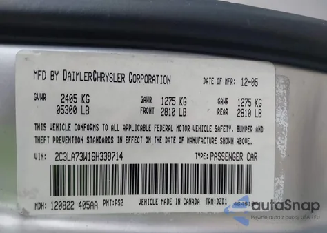 2006 Chrysler 300C Srt8 z USA, uszkodzony, nr VIN 2C3LA73W16H338714